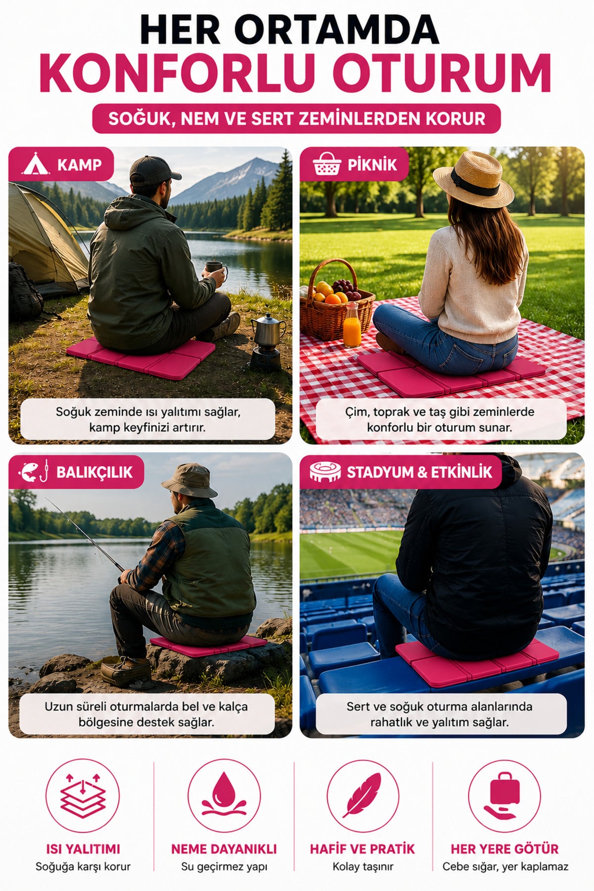Katlanabilir Oturma Minderi – Pembe Kamp Minderi, Outdoor Aktiviteler İçin Hafif ve Taşınabilir Kamp Matı