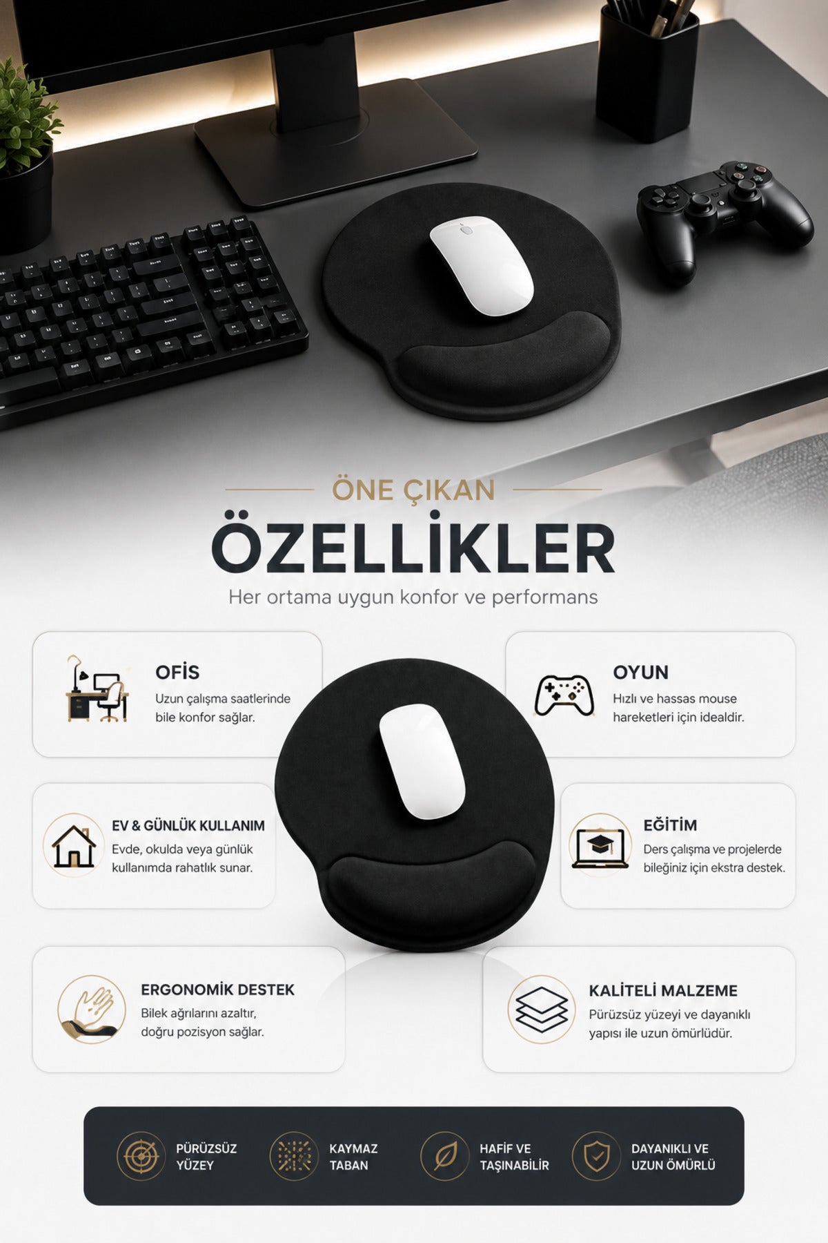 Bilek Destekli Mouse Pad Kaymaz Taban Konforlu Ofis , iş Oyuncu Mousepad Siyah