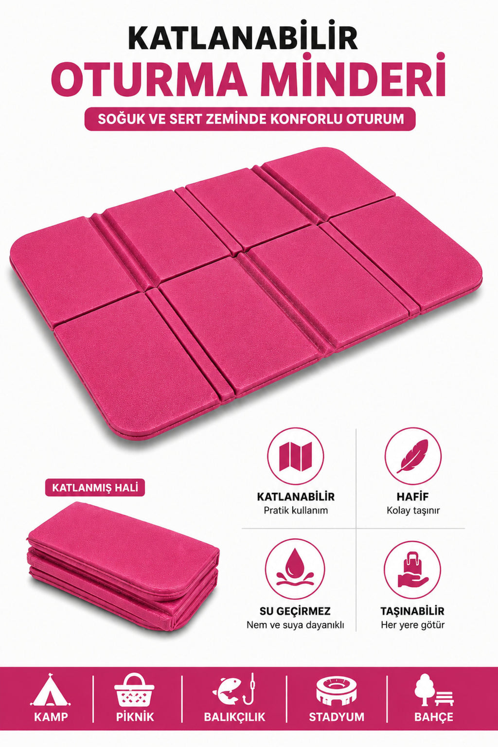 Katlanabilir Oturma Minderi – Pembe Kamp Minderi, Outdoor Aktiviteler İçin Hafif ve Taşınabilir Kamp Matı