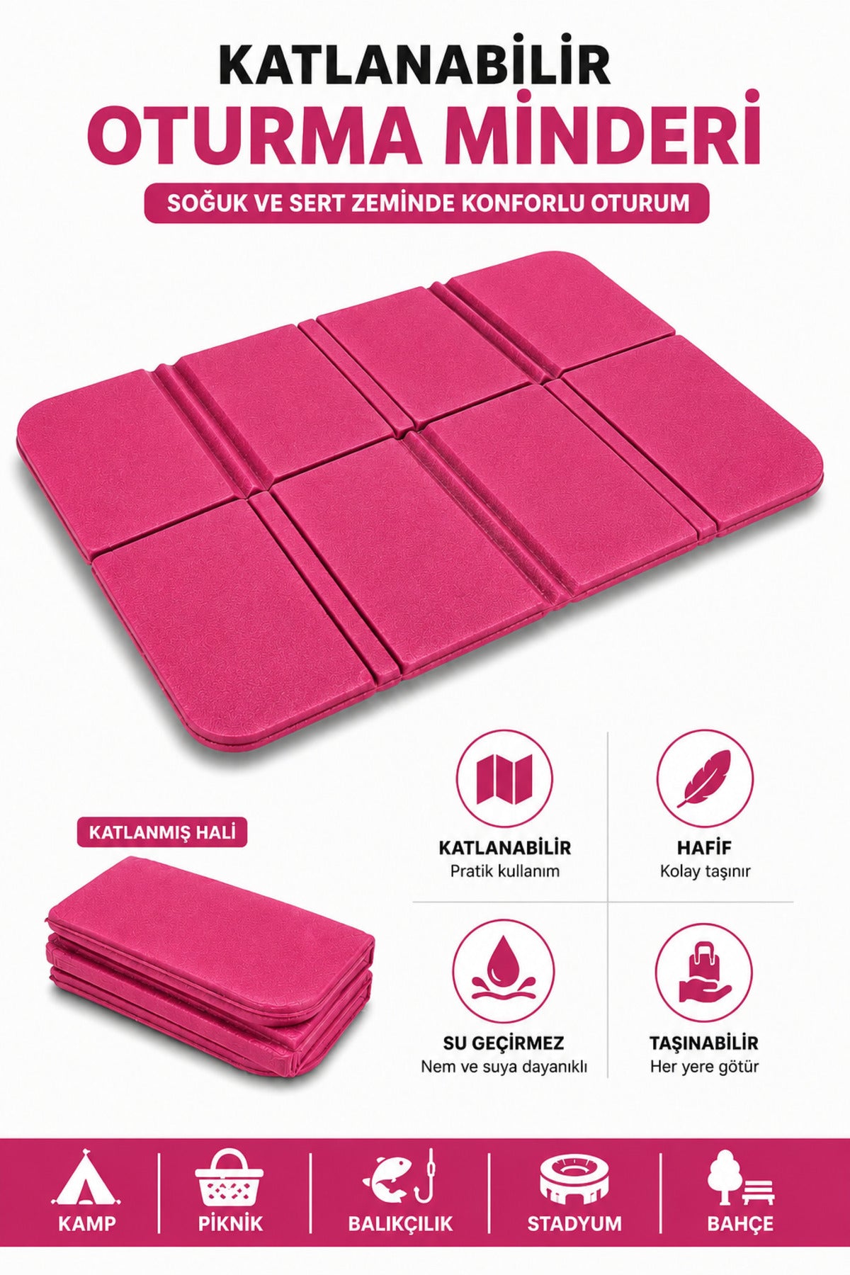 Katlanabilir Oturma Minderi – Pembe Kamp Minderi, Outdoor Aktiviteler İçin Hafif ve Taşınabilir Kamp Matı