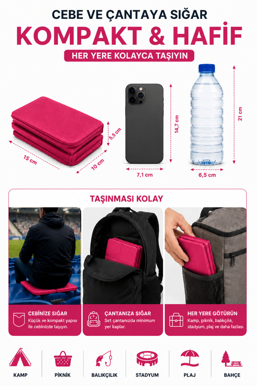 Katlanabilir Oturma Minderi – Pembe Kamp Minderi, Outdoor Aktiviteler İçin Hafif ve Taşınabilir Kamp Matı