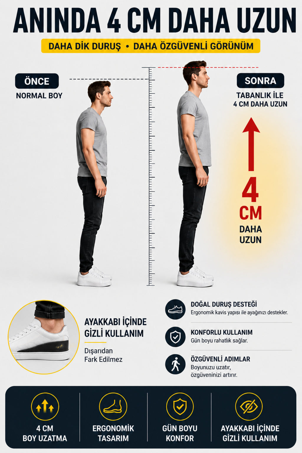 4 Cm Boy Uzatıcı Tabanlık Etklileyici Boy Uzatan Tabanlık