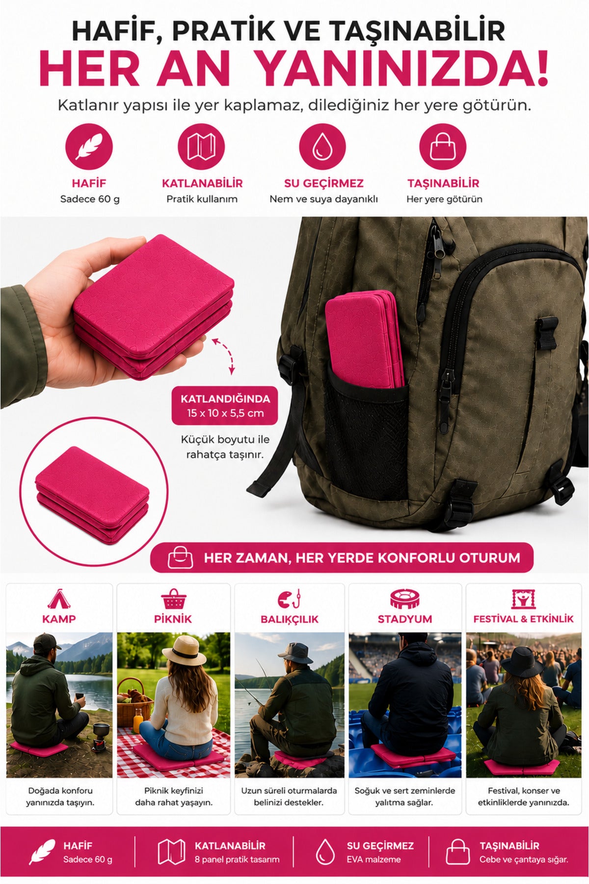 Katlanabilir Oturma Minderi – Pembe Kamp Minderi, Outdoor Aktiviteler İçin Hafif ve Taşınabilir Kamp Matı