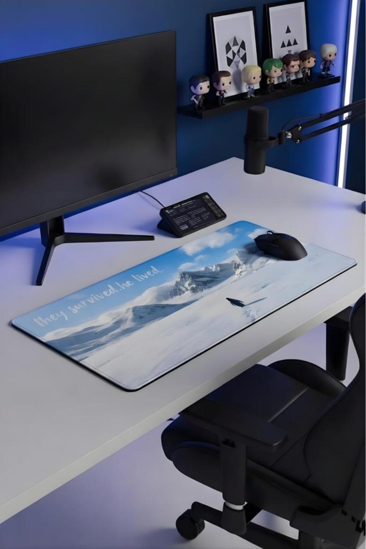 Penguen Temalı 90x40 cm Mouse Pad, Dikişli Kenar, Kaymaz, Ultra Geniş Mousepad