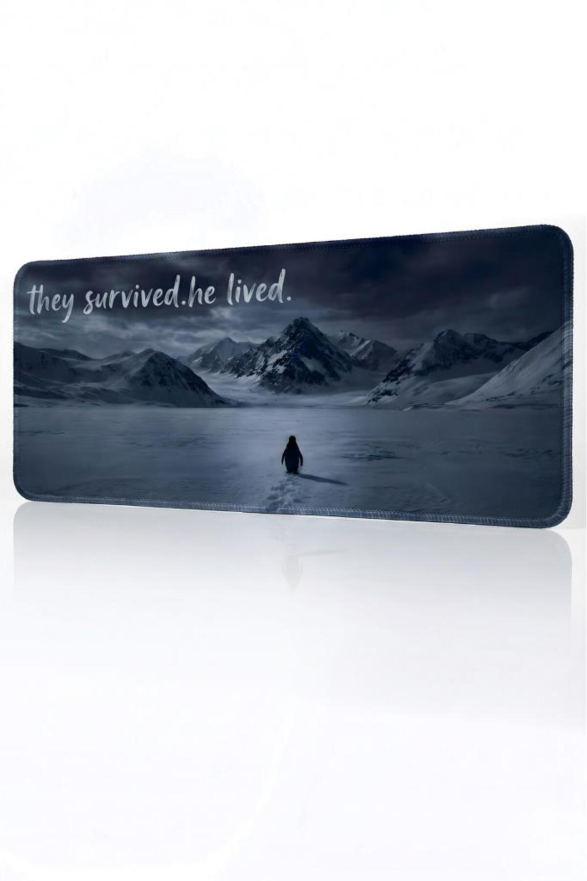 Penguen Temalı 90x40 cm Mouse Pad, Dikişli Kenar, Kaymaz, Ultra Geniş Mousepad