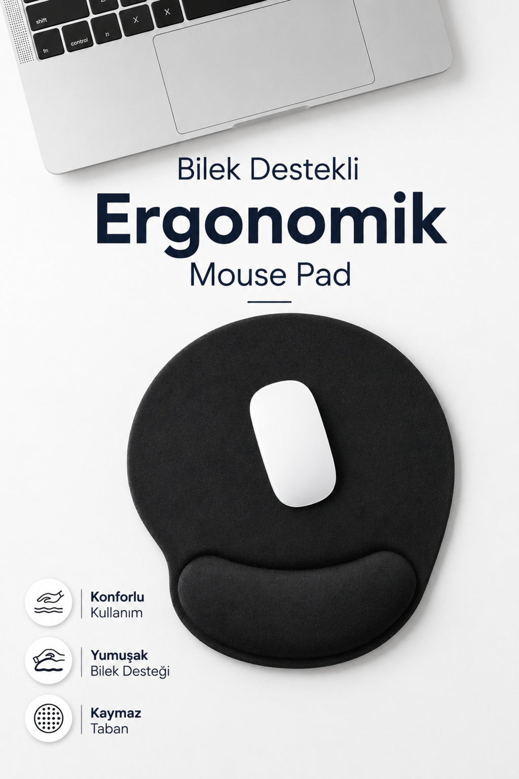 Bilek Destekli Mouse Pad Kaymaz Taban Konforlu Ofis , iş Oyuncu Mousepad Siyah