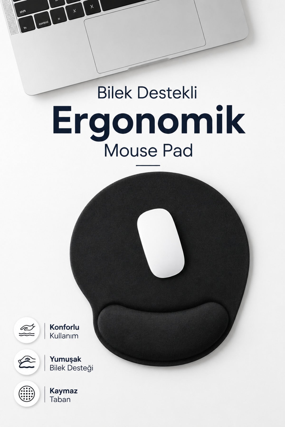 Bilek Destekli Mouse Pad Kaymaz Taban Konforlu Ofis , iş Oyuncu Mousepad Siyah