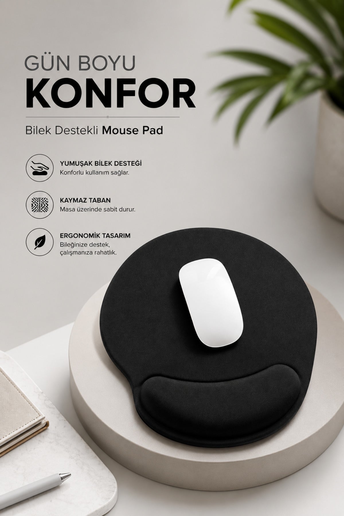Bilek Destekli Mouse Pad Kaymaz Taban Konforlu Ofis , iş Oyuncu Mousepad Siyah