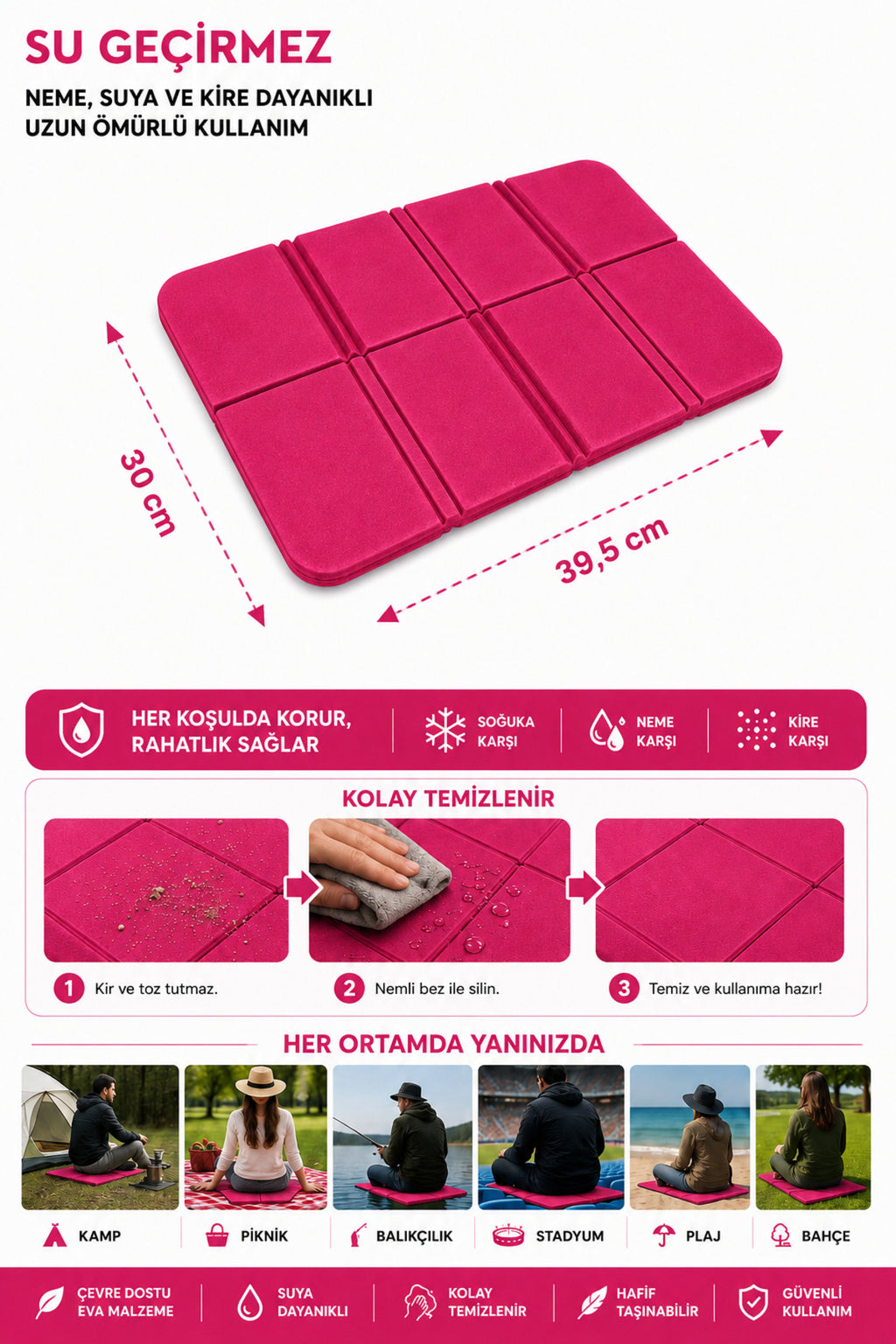 Katlanabilir Oturma Minderi – Pembe Kamp Minderi, Outdoor Aktiviteler İçin Hafif ve Taşınabilir Kamp Matı