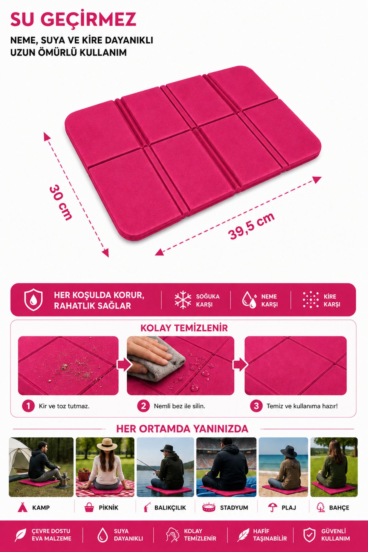 Katlanabilir Oturma Minderi – Pembe Kamp Minderi, Outdoor Aktiviteler İçin Hafif ve Taşınabilir Kamp Matı