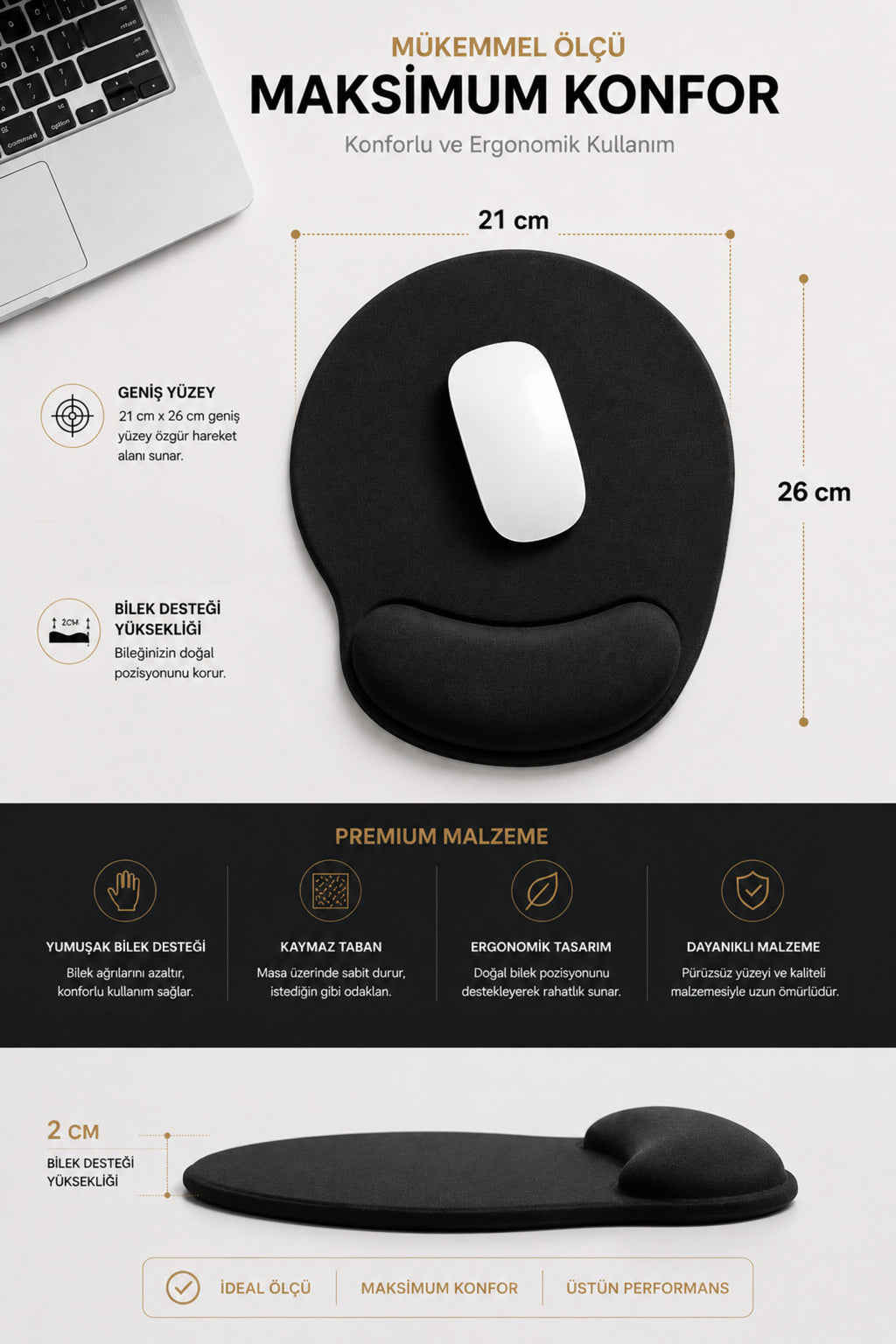 Bilek Destekli Mouse Pad Kaymaz Taban Konforlu Ofis , iş Oyuncu Mousepad Siyah