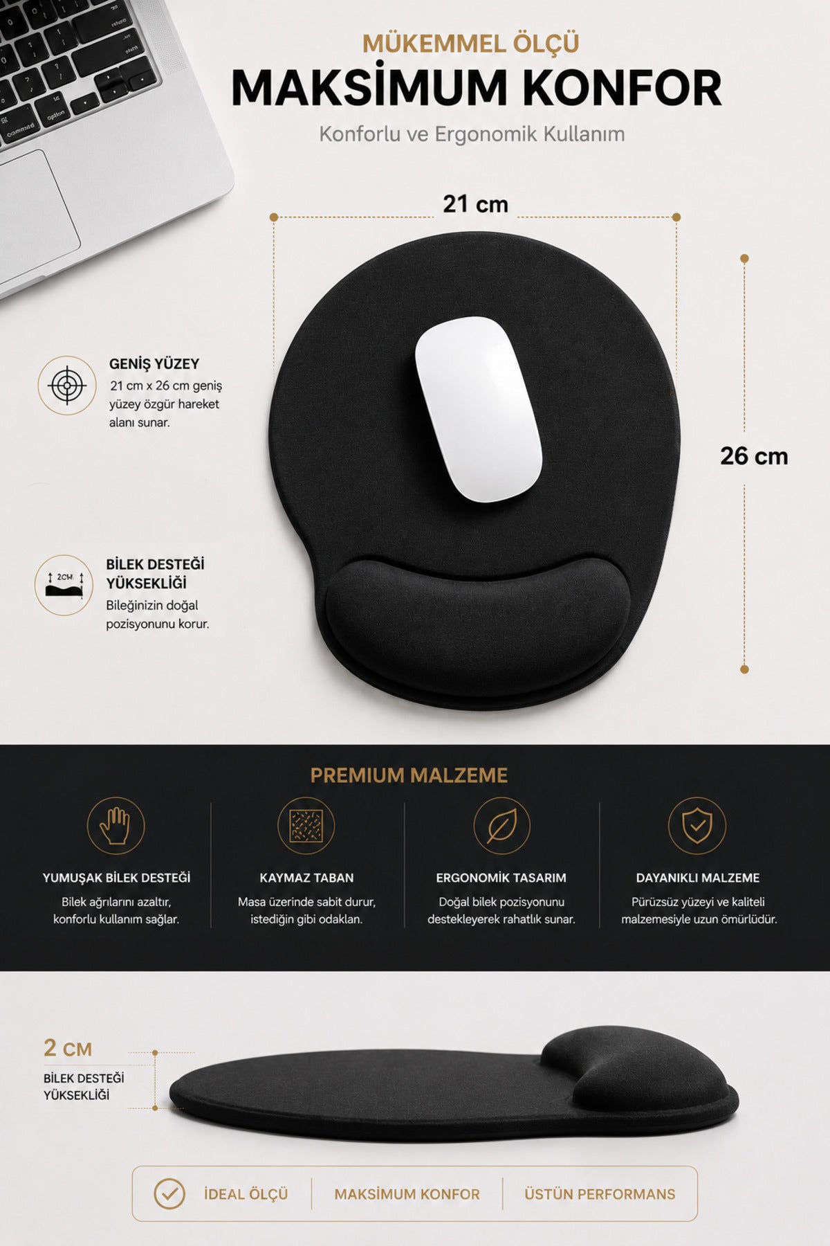 Bilek Destekli Mouse Pad Kaymaz Taban Konforlu Ofis , iş Oyuncu Mousepad Siyah