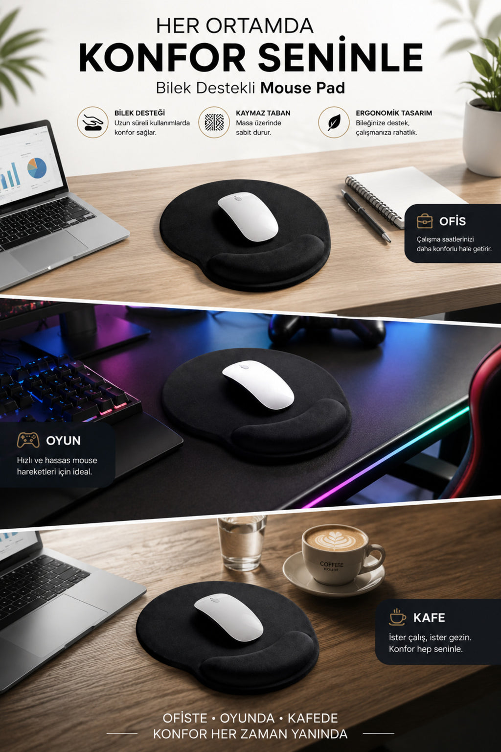 Bilek Destekli Mouse Pad Kaymaz Taban Konforlu Ofis , iş Oyuncu Mousepad Siyah